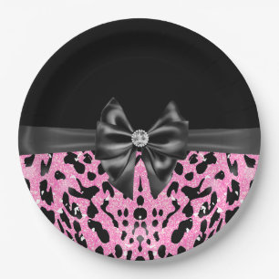Glam Black Bow Diamond Pink Glitter Leopard  Paper Plate