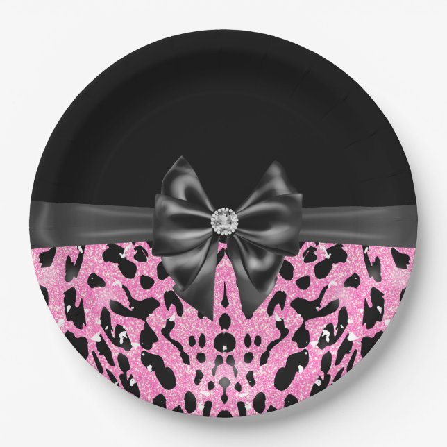 Glam Black Bow Diamond Pink Glitter Leopard  Paper Plate (Front)