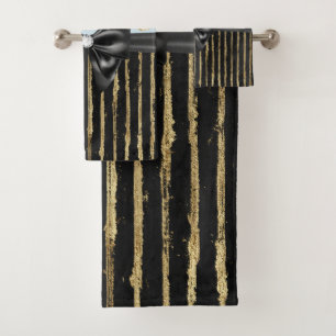 Glam Black Bow Gold Butterflies & Stripes Bath Towel Set