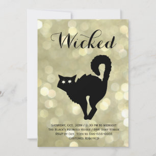 Glam Black Cat on Gold Halloween Costume Party Invitation