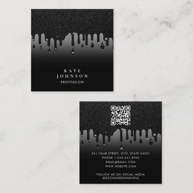 Glam Black Dripping Glitter QR Code Social Media Square Business Card (Front/Back)
