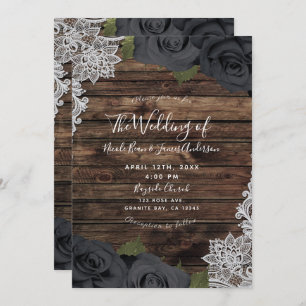 Glam Black Floral Roses Rustic Wood Lace Wedding Invitation