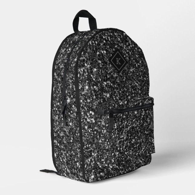 Glam black glitter texture print | monogram printed backpack (Back Corner Left)