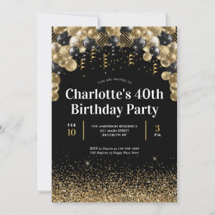 Glam Black Gold Balloon Glitter Any Age Birthday Invitation