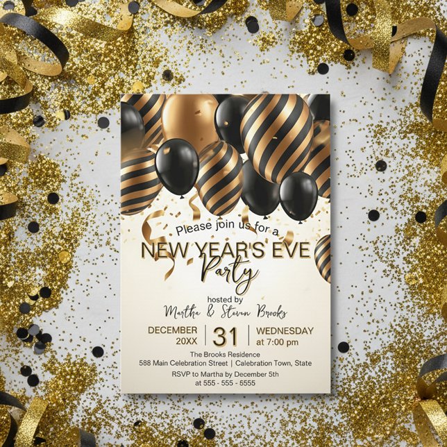 Glam Black Gold Balloons New Year's Eve Party Invitation (Creator Uploaded)