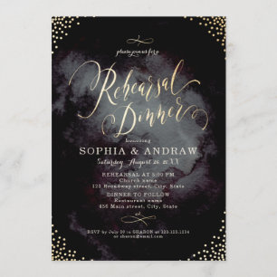 Glam black gold calligraphy Rehearsal Dinner Invitation