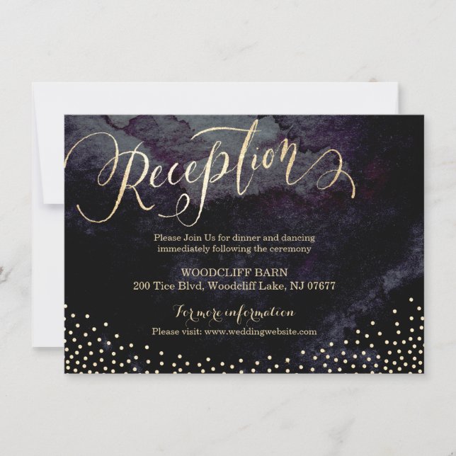 Glam black gold glitter calligraphy reception card (Front)