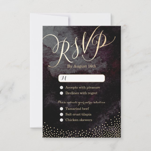 Glam black gold glitter calligraphy wedding RSVP Card (Front)