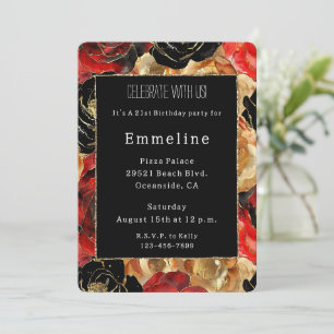 Glam Black Gold Glitter Glitzy Floral Birthday   Invitation