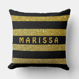 Glam Black & Gold Glitter Sparkles Monogram Name  Cushion