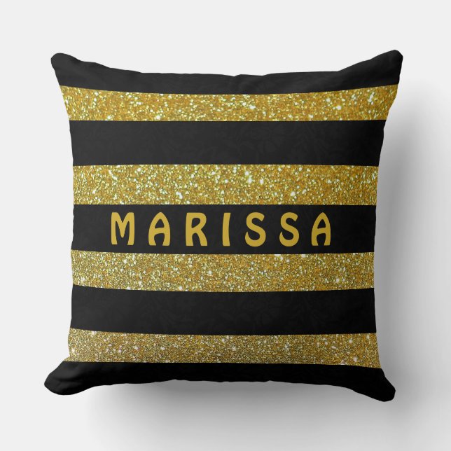 Glam Black & Gold Glitter Sparkles Monogram Name  Cushion (Front)