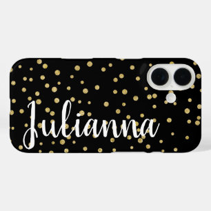 Glam Black Gold Holiday Dot Pattern Personalised iPhone 16 Case