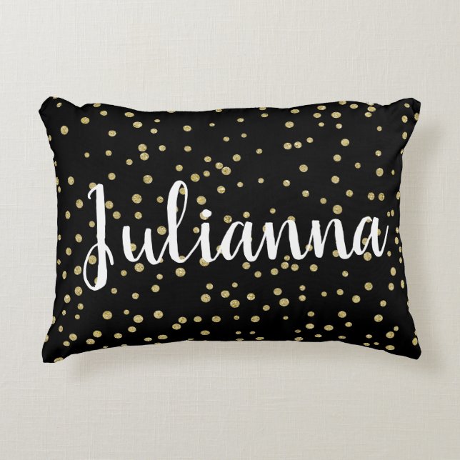 Glam Black Gold Holiday Dot Pattern Personalised Decorative Cushion (Front)