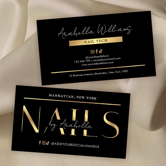 Glam Black Gold Modern Manicure Nail Artist Salon Business Card (Create stylish business cards for your nail salon or spa using this elegant design)