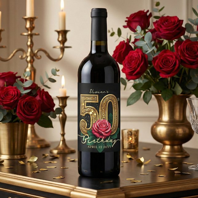 Glam Black Gold Red Rose 50th Birthday Party Wine Label (Creator Uploaded)