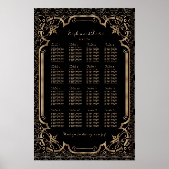 Glam Black Great Gatsby Art Deco 20s Seating Chart (Front)