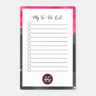 Glam Black Grey Hot Pink Waves Monogram To-Do List Post-it Notes