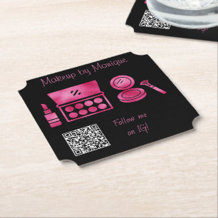 Glam Black & Hot Pink Makeup Artist QR Code Paper Coaster