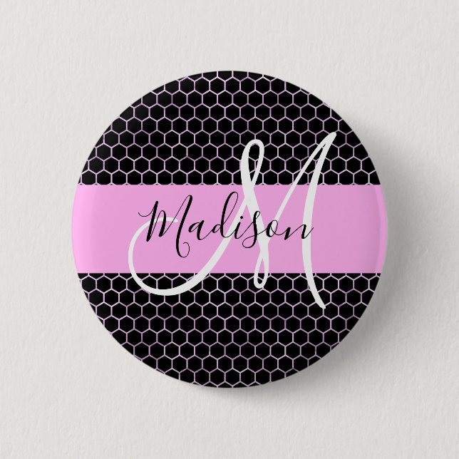 Glam Black Metallic Pink Honeycomb Monogram Name 6 Cm Round Badge (Front)