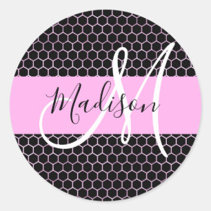 Glam Black Metallic Pink Honeycomb Monogram Name Classic Round Sticker
