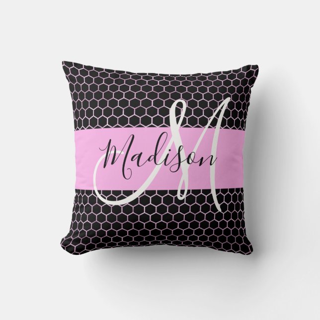 Glam Black Metallic Pink Honeycomb Monogram Name Cushion (Front)