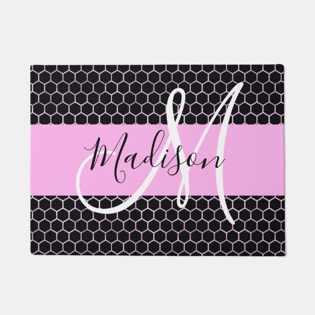 Glam Black Metallic Pink Honeycomb Monogram Name Doormat (Front)