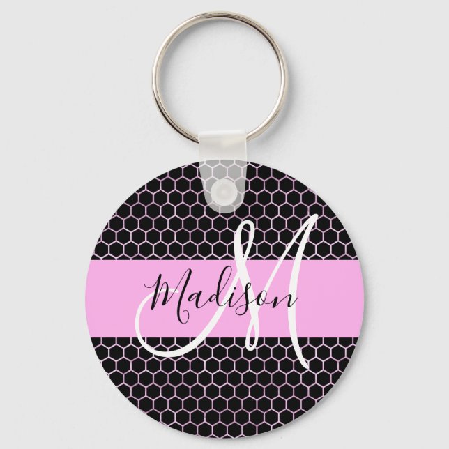 Glam Black Metallic Pink Honeycomb Monogram Name Key Ring (Front)