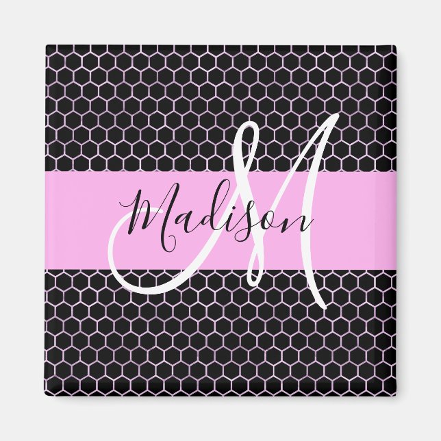 Glam Black Metallic Pink Honeycomb Monogram Name Magnet (Front)