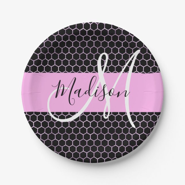 Glam Black Metallic Pink Honeycomb Monogram Name Paper Plate (Front)