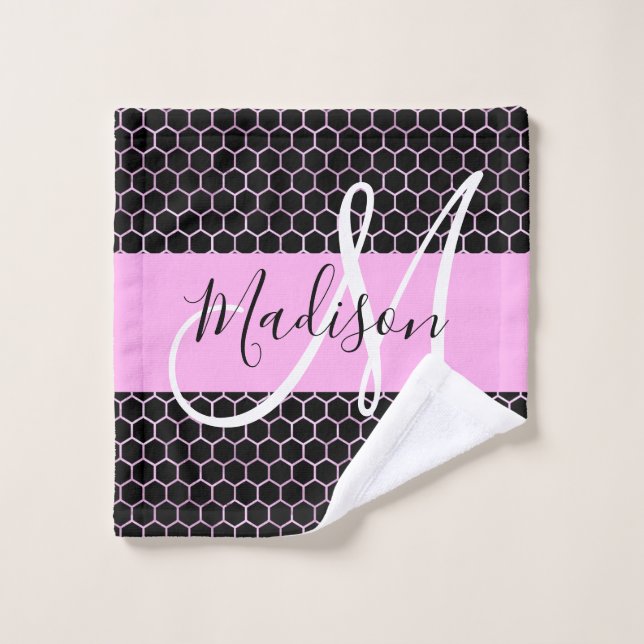 Glam Black Metallic Pink Honeycomb Monogram Name Wash Cloth (Wash Cloth)