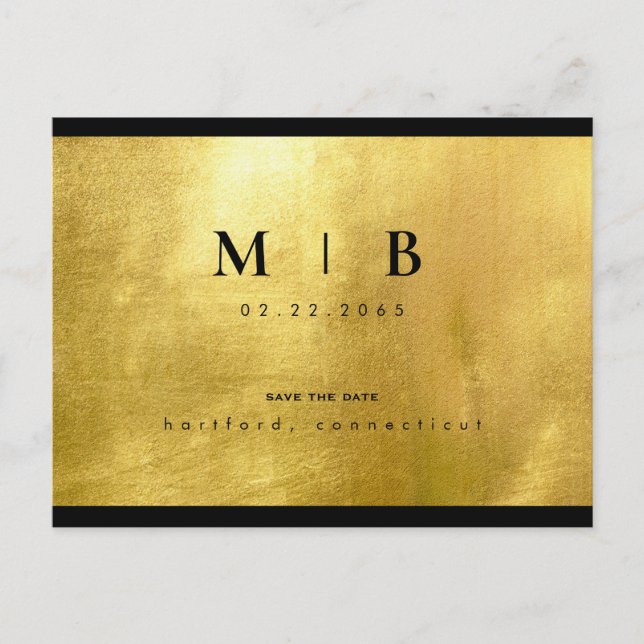 Glam Black Monogram & Gold Sleek Save the Date Postcard (Front)