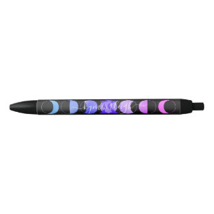 Glam Black Moon Phases Pastel Purple Monogram Name Black Ink Pen