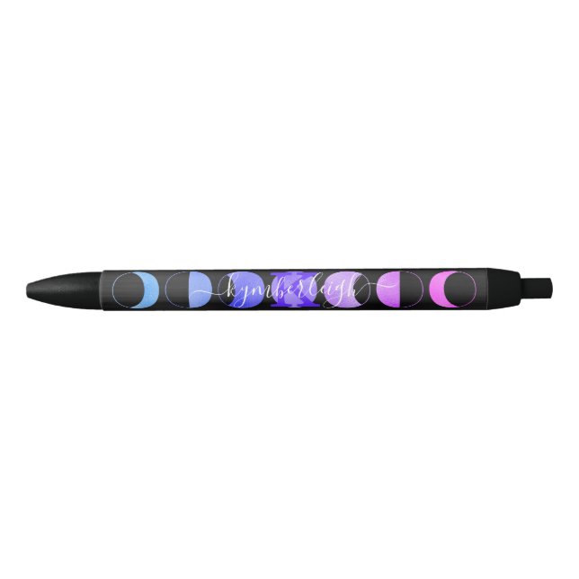 Glam Black Moon Phases Pastel Purple Monogram Name Ink Pen (Front)