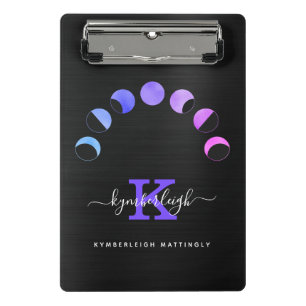 Glam Black Moon Phases Pastel Purple Monogram Name Mini Clipboard
