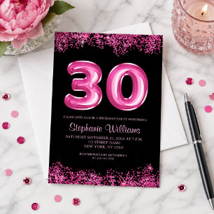 Glam Black Pink Foil Balloon 30th Birthday Party Invitation