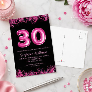 Glam Black Pink Foil Balloon 30th Birthday Party Invitation Postcard