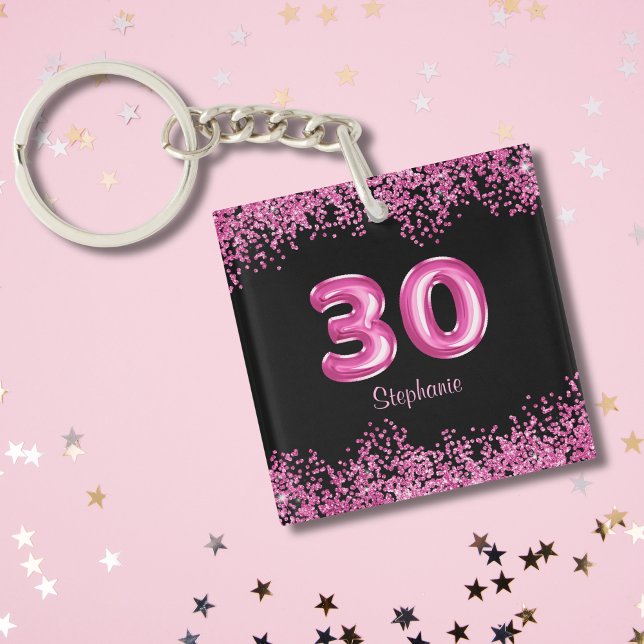  Glam Black Pink Foil Balloon 30th Birthday Party Key Ring (Personalize with name or other text.  Matching items available in collection)