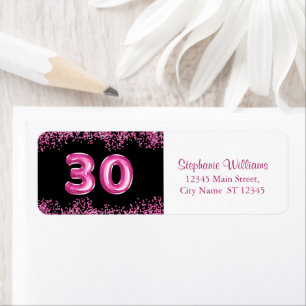 Glam Black Pink Foil Balloon 30th Birthday Party  Return Address Label