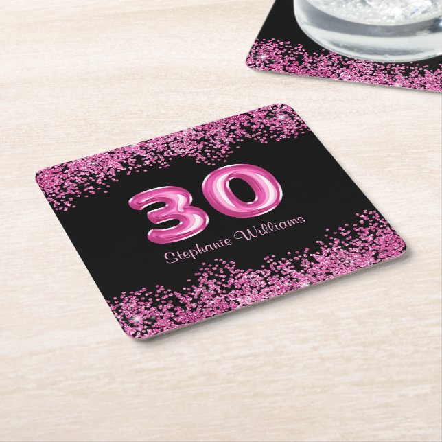 Glam Black Pink Foil Balloon 30th Birthday Party Square Paper Coaster (Angled)