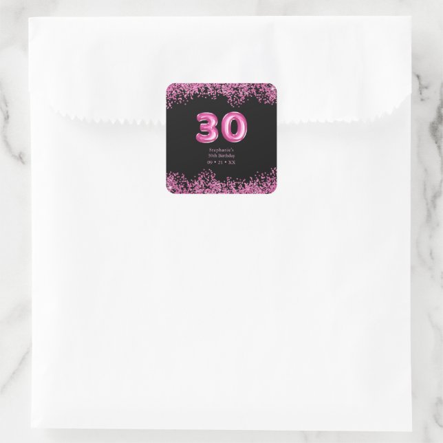  Glam Black Pink Foil Balloon 30th Birthday Party Square Sticker (Bag)