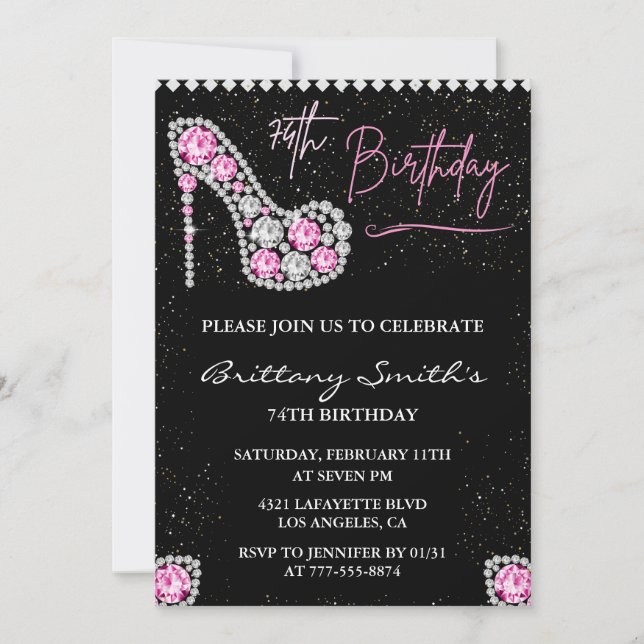 Glam Black Pink Silver Diamond 74th birthday Invitation (Front)
