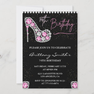 Glam Black Pink Silver Diamond 74th birthday Invitation