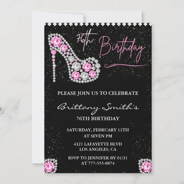Glam Black Pink Silver Diamond 76th birthday Invitation (Front)