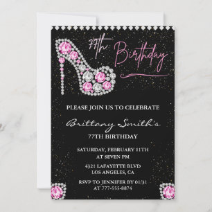 Glam Black Pink Silver Diamond 77th birthday Invitation