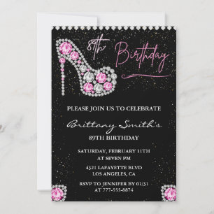 Glam Black Pink Silver Diamond 89th birthday Invitation