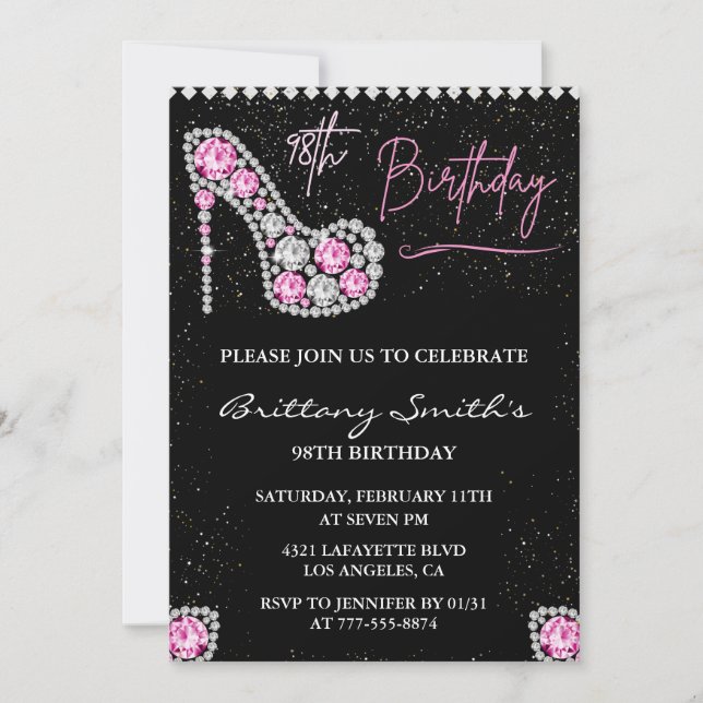 Glam Black Pink Silver Diamond 98th birthday Invitation (Front)