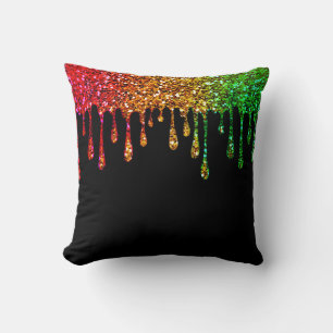 Glam Black Rasta Rainbow Glitter Drips Cushion