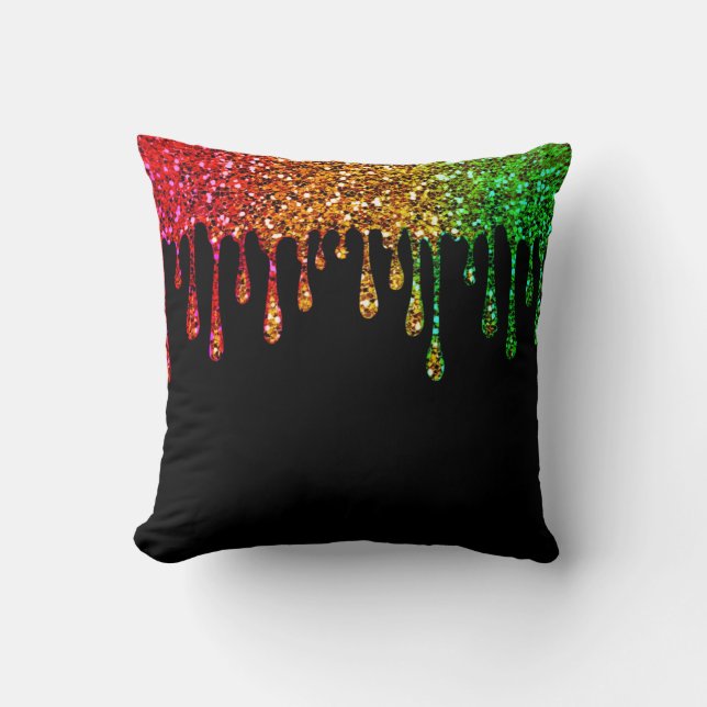 Glam Black Rasta Rainbow Glitter Drips Cushion (Front)