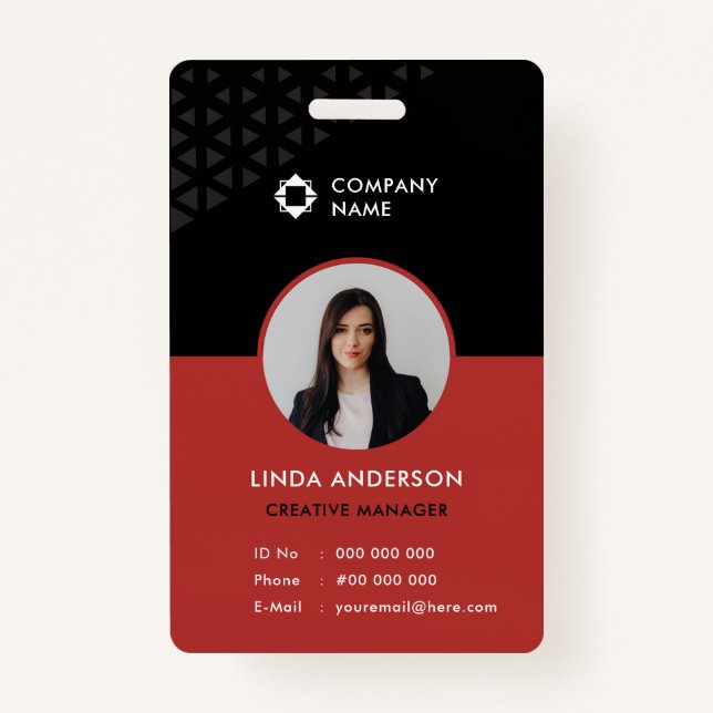 Glam Black Red Employee Photo ID Abstract Pattern ID Badge (Front)