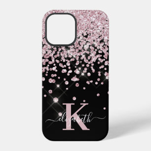 Glam Black Rose Gold Diamond Confetti Monogrammed iPhone 12 Pro Case